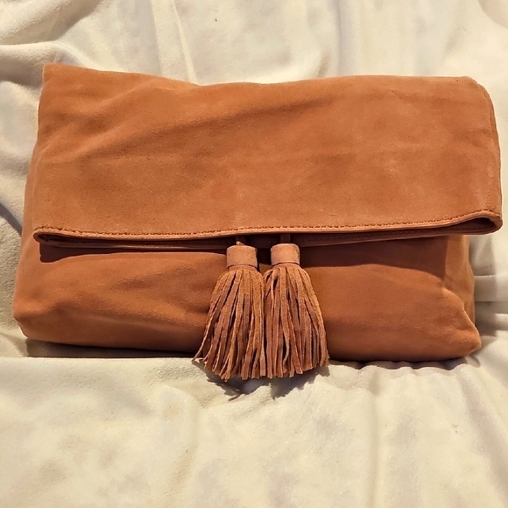 Ann Taylor chic soft pink suede clutch with tassels like new condition - Picture 1 of 11